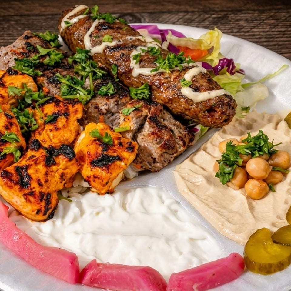 A platter with grilled chicken, beef kebab, hummus, pickles, and a white sauce.