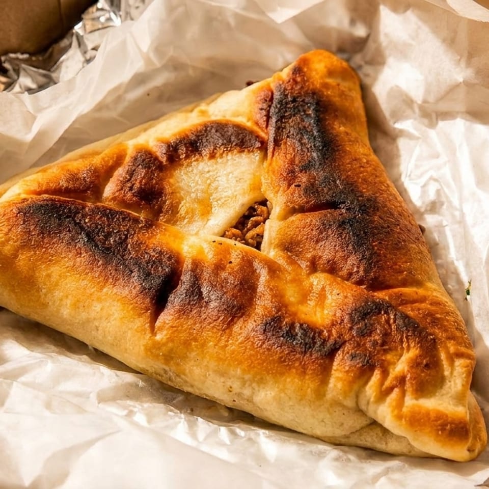A golden-brown, triangular savory pastry with a meat filling, resting on white parchment paper.
