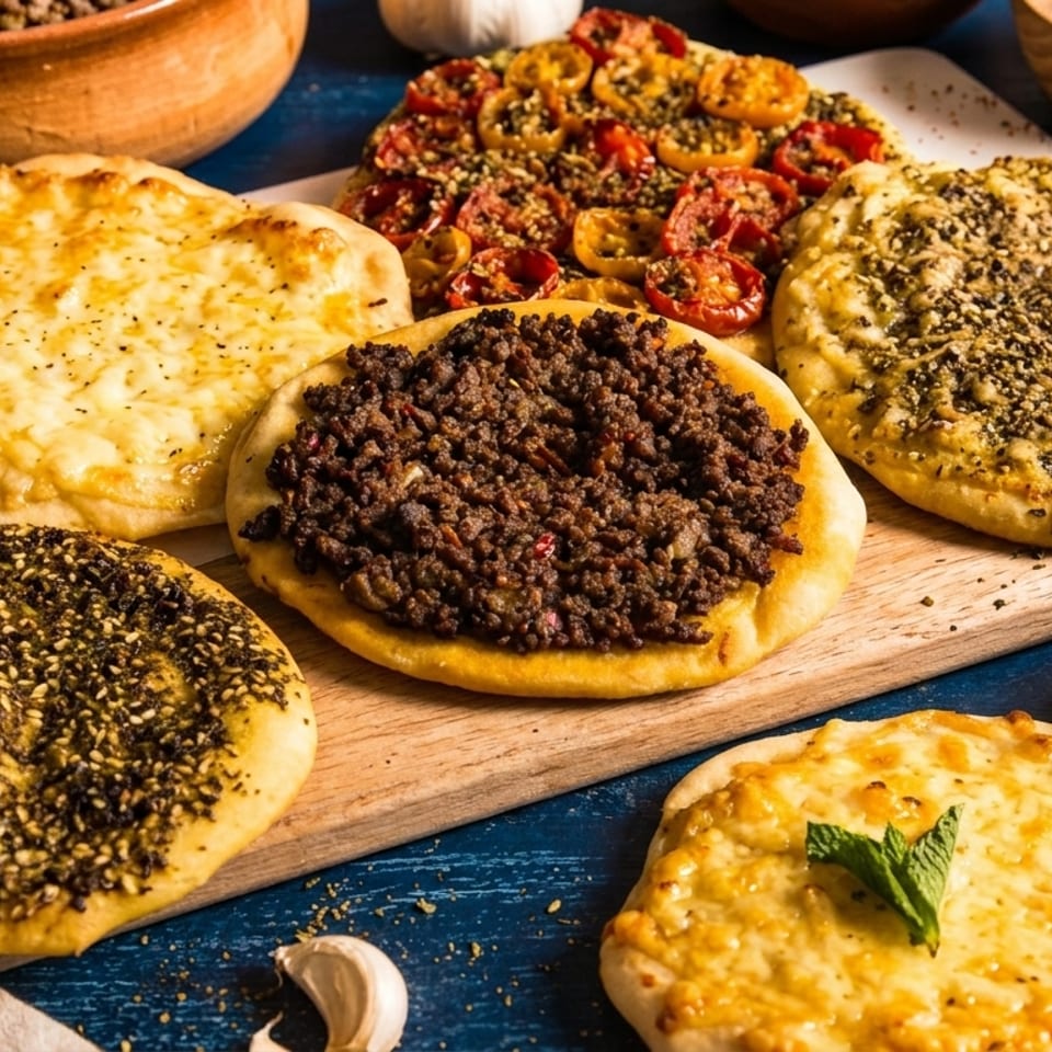 Assortment of Middle Eastern flatbreads with various toppings like meat, cheese, za'atar, and tomatoes.