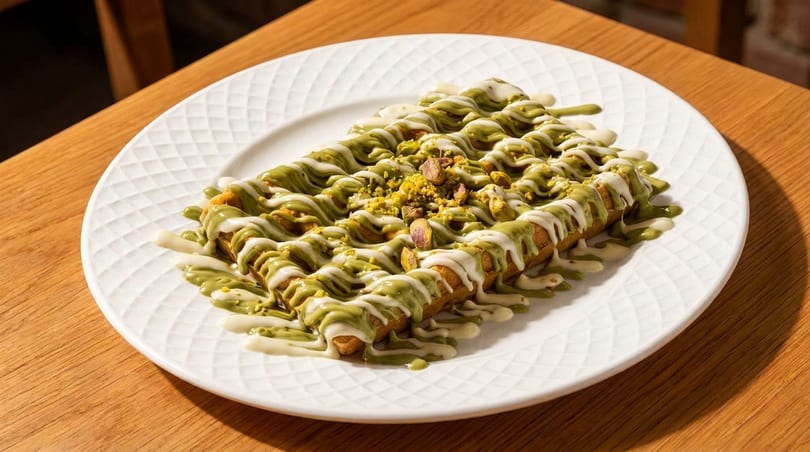 Waffle sticks drizzled with green pistachio and white chocolate sauce, topped with crushed pistachios.