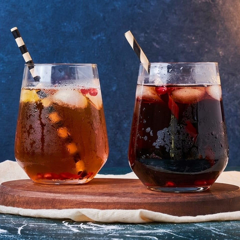 Two glasses of iced tea, one light brown and one dark red, with pomegranate seeds and straws.